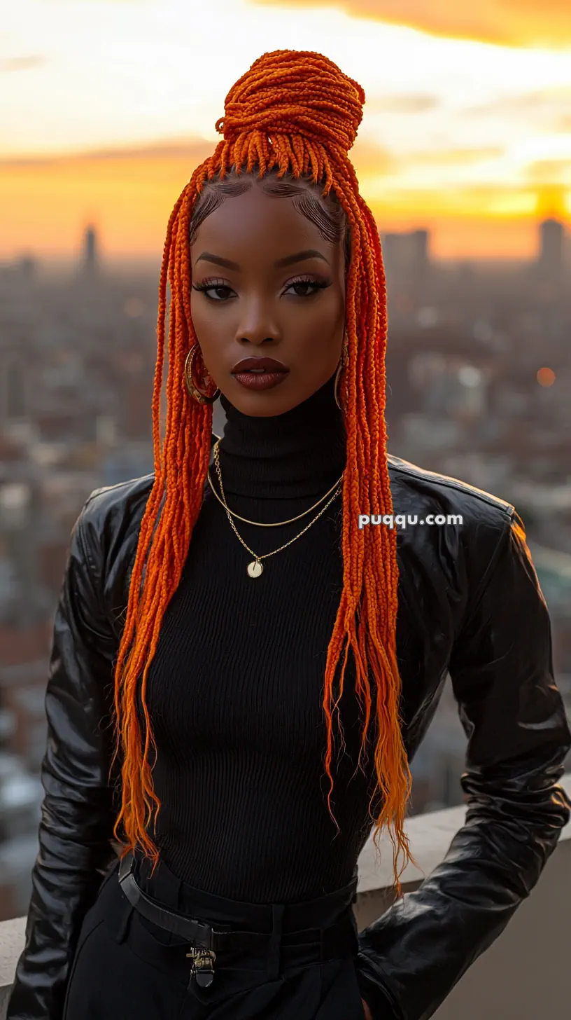 A person with vibrant orange braids styled in a top knot, wearing a black turtleneck, layered necklaces, and a black leather jacket, stands against a cityscape at sunset.