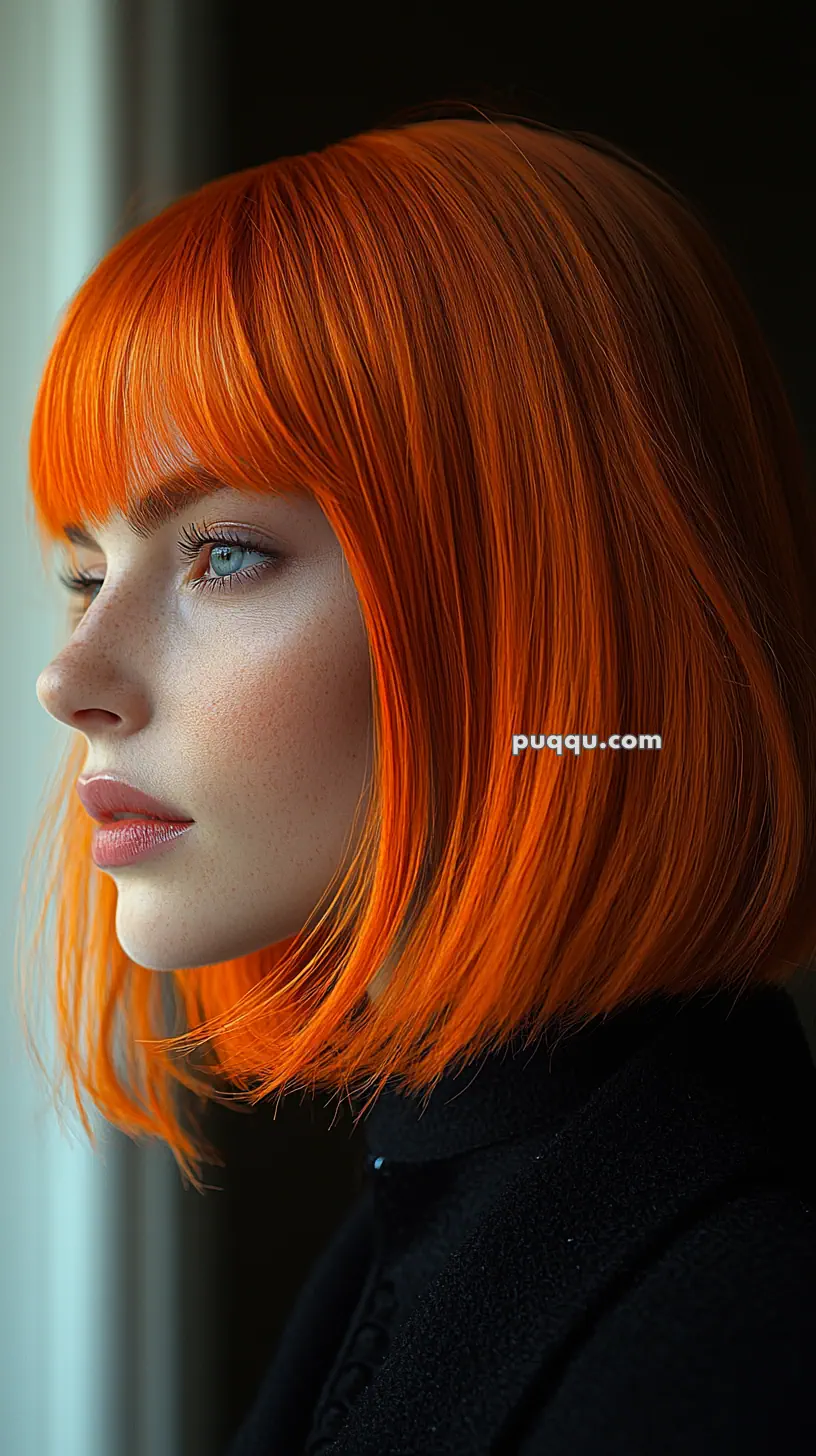 A person with bright orange hair and a short bob haircut looking out a window in profile view.