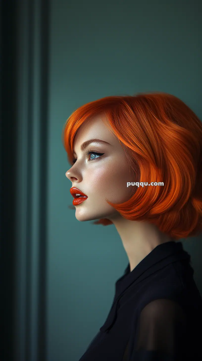 A profile of a woman with short, vibrant orange hair, wearing a black top and looking to the side against a dark background.