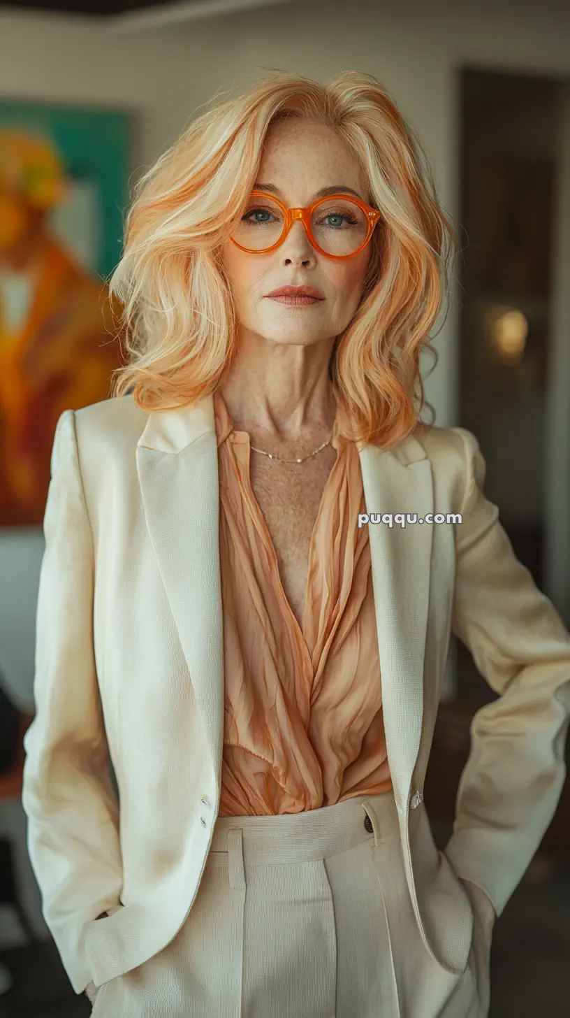 An elegant woman with blonde hair and orange glasses wearing a cream-colored blazer and a peach blouse.