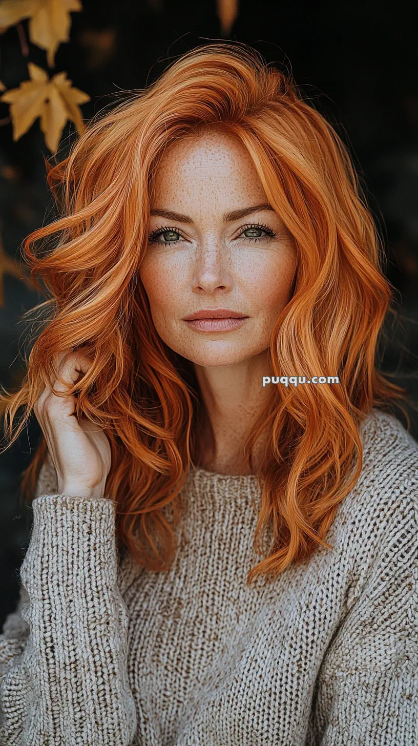 A woman with red hair and freckles wearing a knitted sweater, standing outdoors.