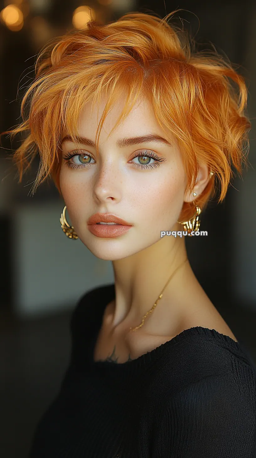 A person with short orange hair and green eyes, wearing a black top and large earrings, looking directly at the camera.