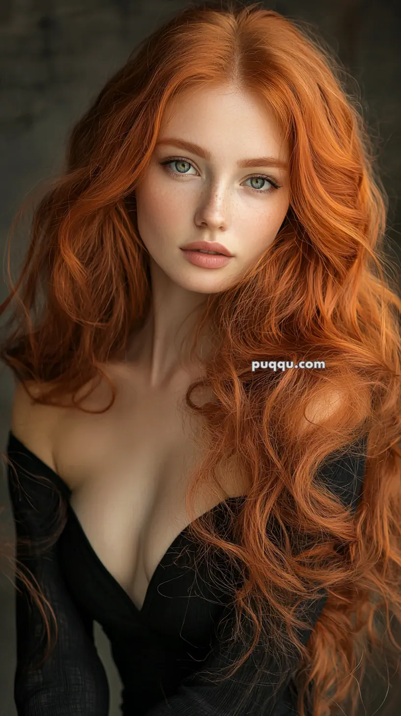 A woman with long curly red hair wearing an off-the-shoulder black top.