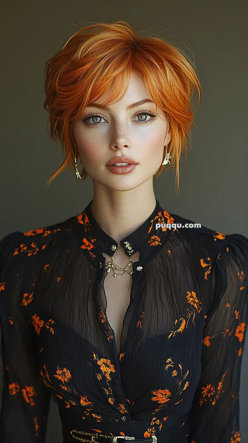 A person with short, bright orange hair wearing a black dress with orange floral patterns and gold earrings.