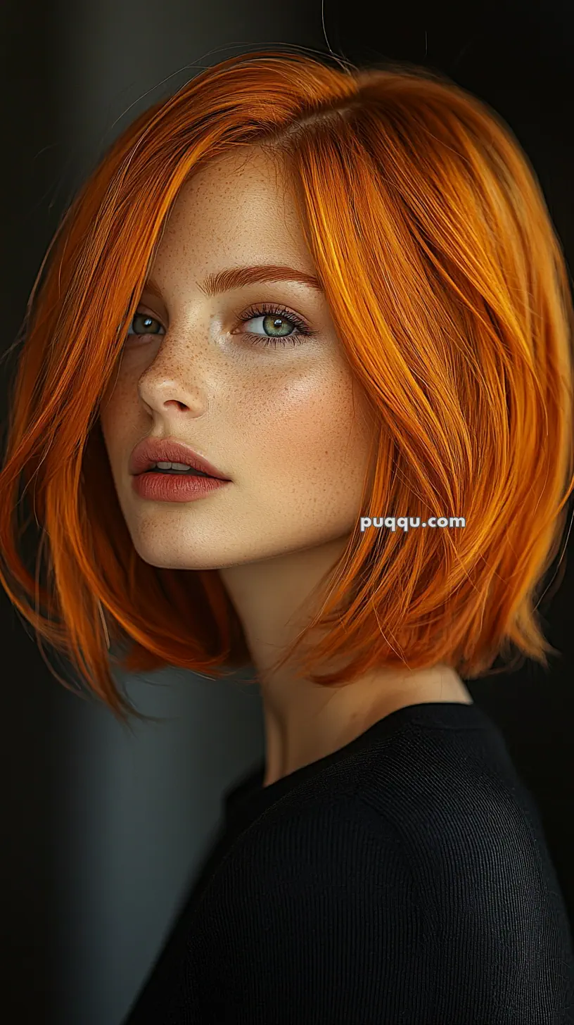 Young woman with bright orange hair and freckles, looking to the side.