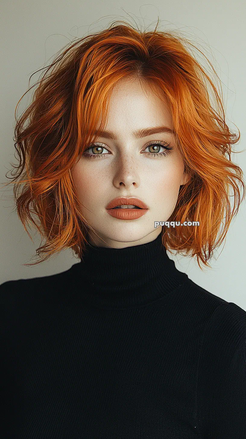 A person with short, wavy orange hair, light eyes, and wearing a black turtleneck.