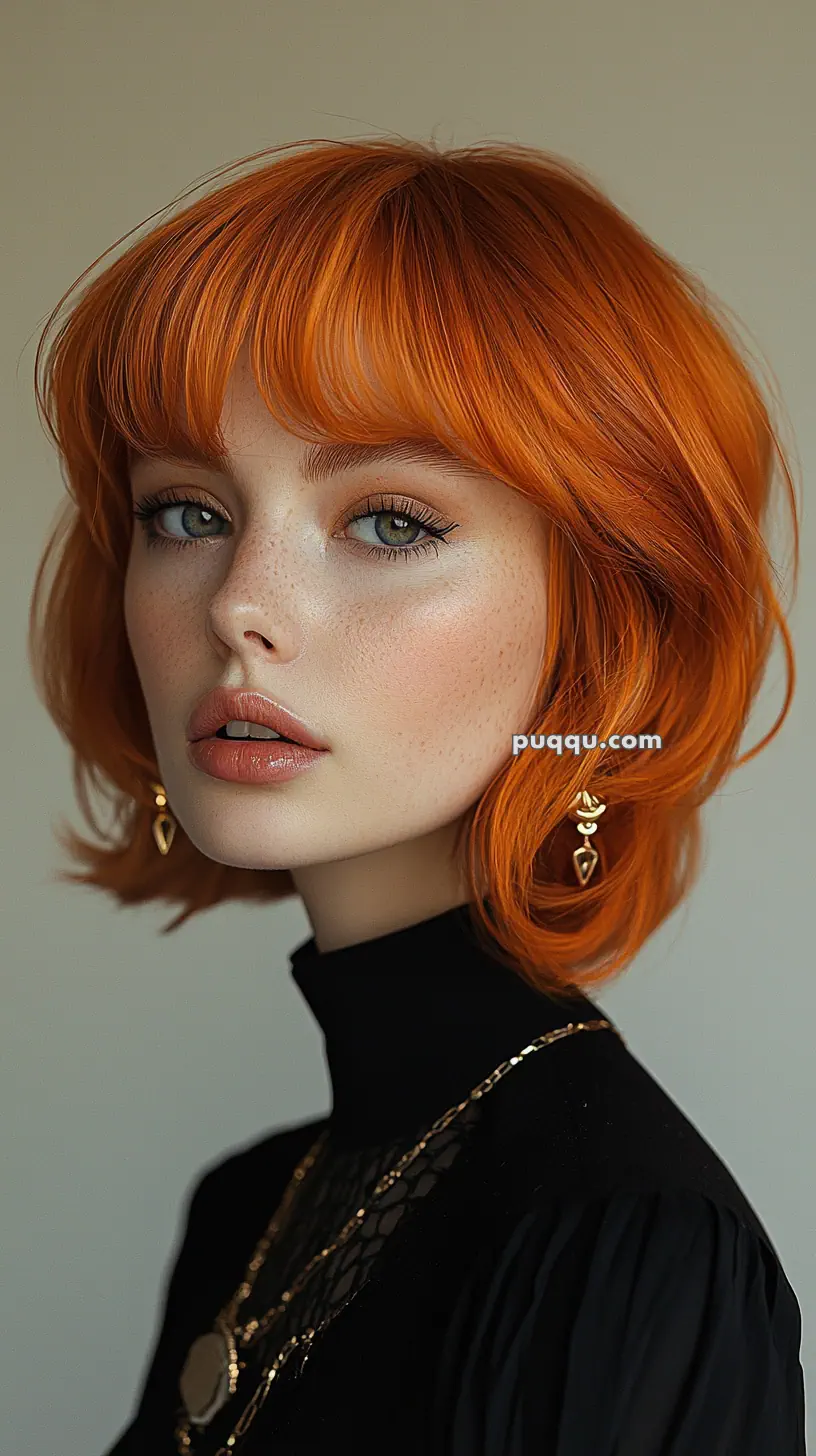 Young woman with vibrant red-orange bob haircut, wearing a black top and gold earrings, looks directly at the camera.