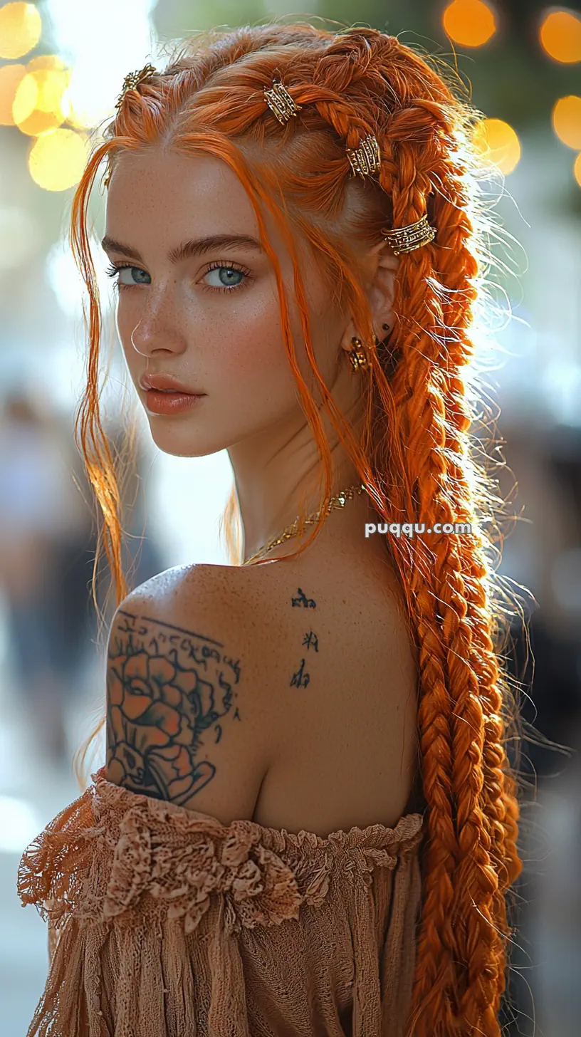 A woman with long orange braided hair adorned with gold rings, wearing an off-shoulder lace top, and showing tattoos on her shoulder.