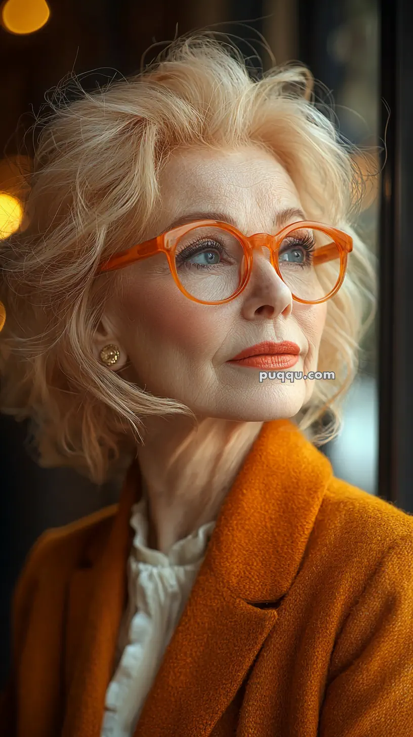 Elderly woman with short blonde hair wearing orange glasses and an orange coat, gazing thoughtfully.