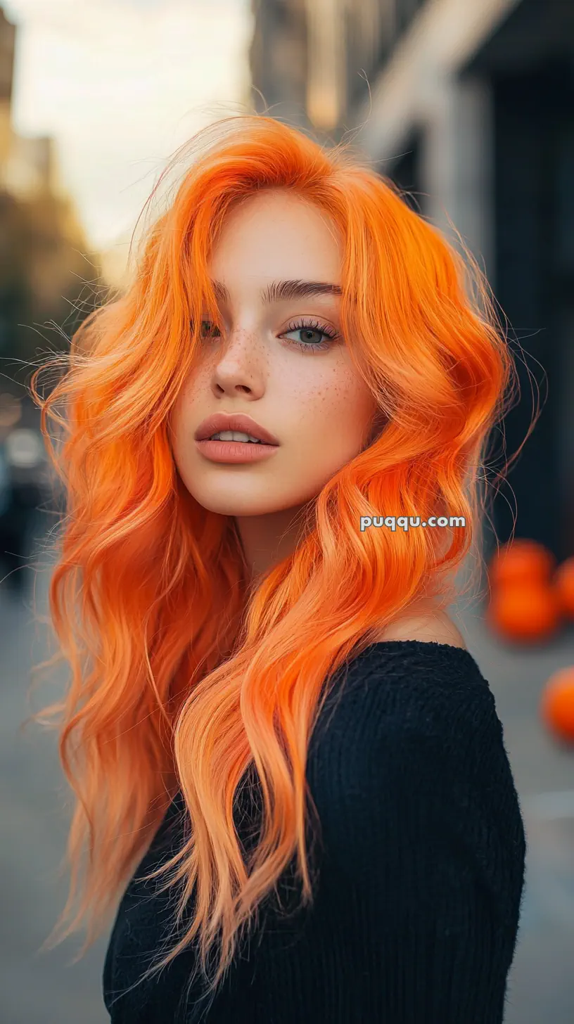 A person with long, vibrant orange hair and freckles, wearing a black top, stands outdoors in an urban setting.