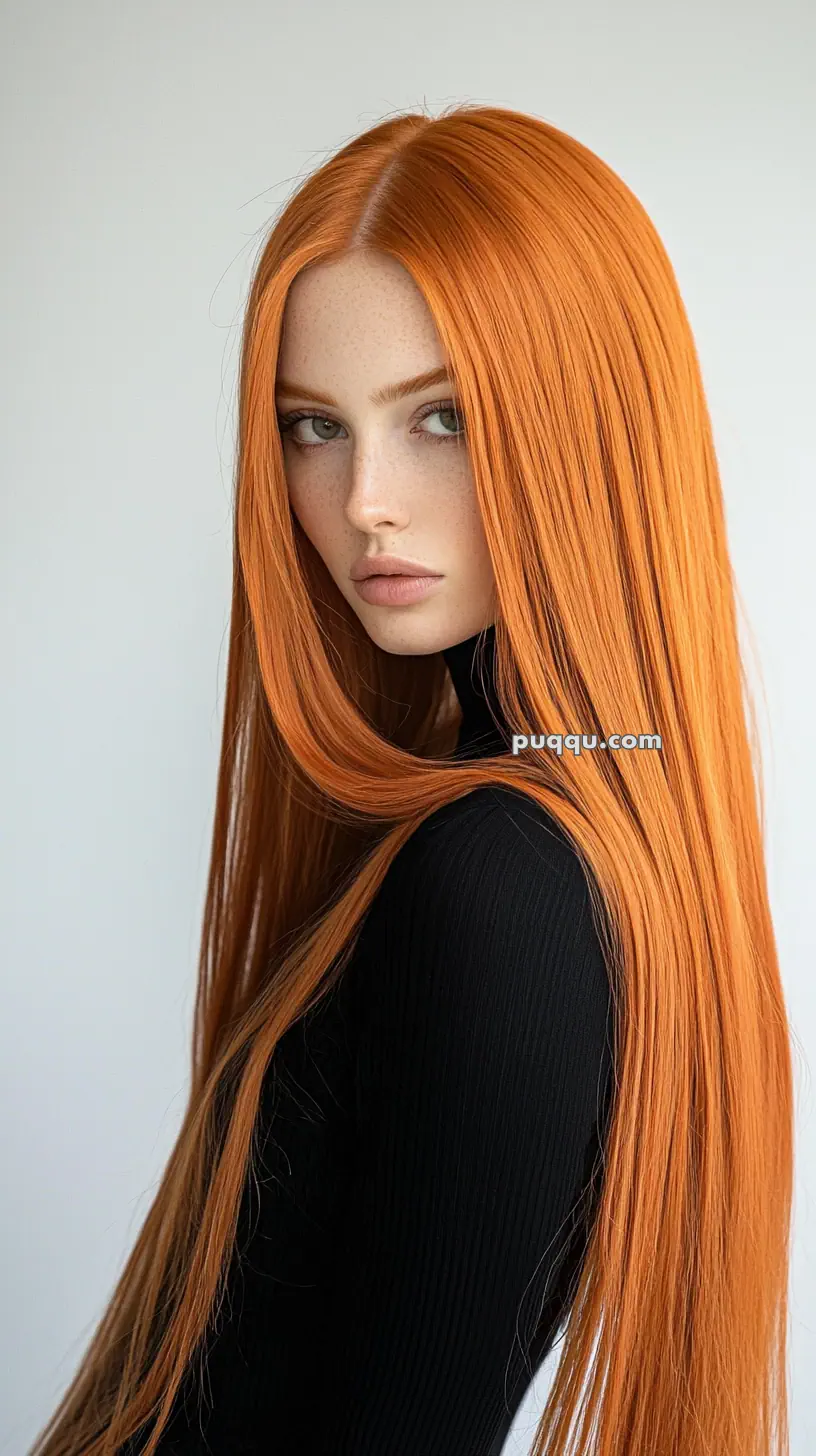 Young woman with long, straight orange hair and a black shirt, looking sideways.