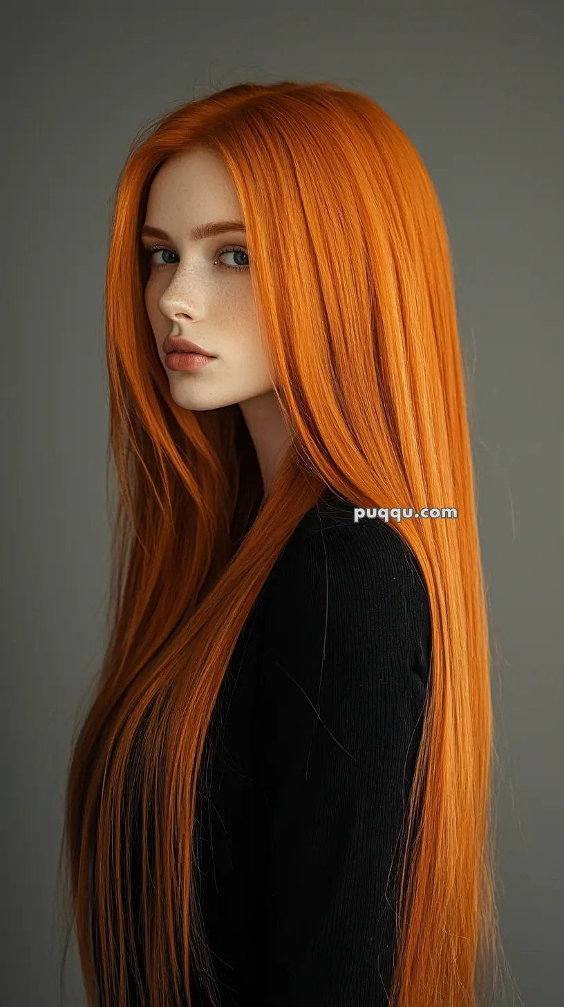 A person with long, straight, vibrant orange hair wearing a black top, looking to the side against a gray background.