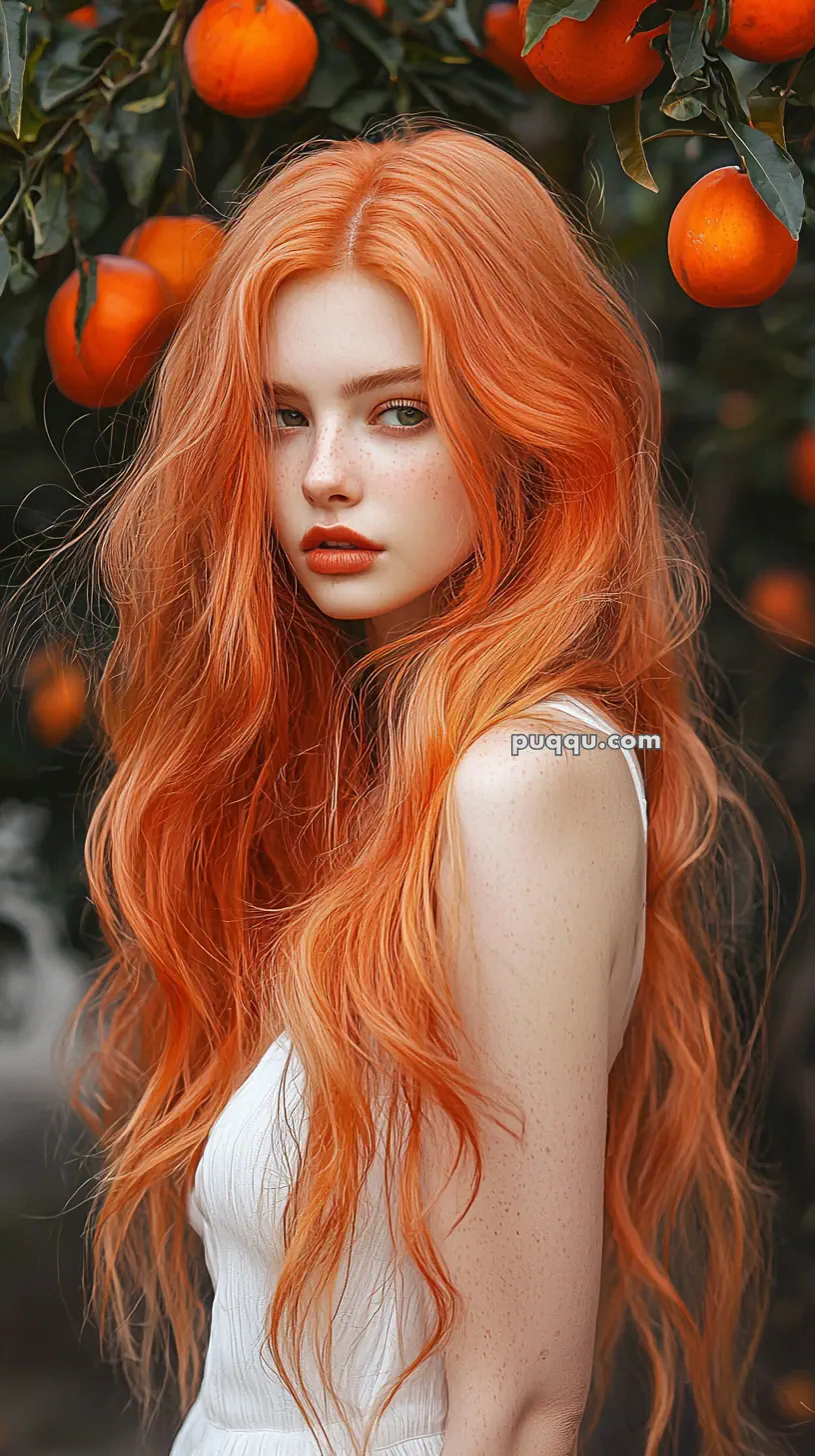 A woman with long, flowing orange hair stands in front of an orange tree, wearing a white dress.