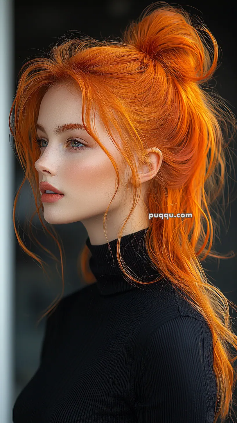 A person with long, vibrant orange hair styled in a loose bun, wearing a black turtleneck, looking to the side.