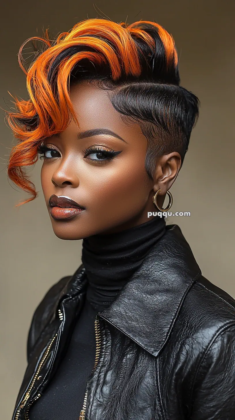 A person with orange and black styled hair, wearing a black leather jacket and hoop earrings.