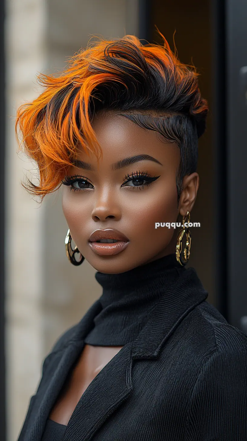 Young woman with vibrant orange-highlighted hair and gold hoop earrings wearing a black turtleneck.