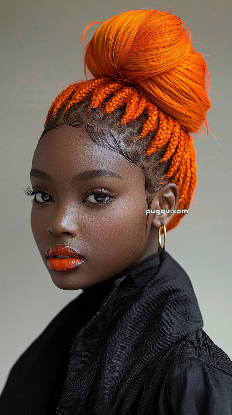 A person with bright orange braided hair styled in an updo, wearing large hoop earrings and orange lipstick, dressed in black.