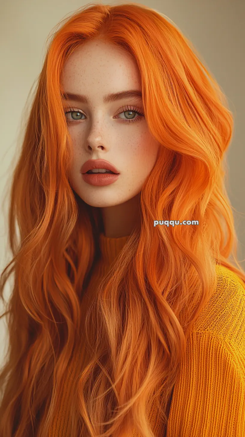 A woman with long, wavy orange hair wearing a textured orange sweater.