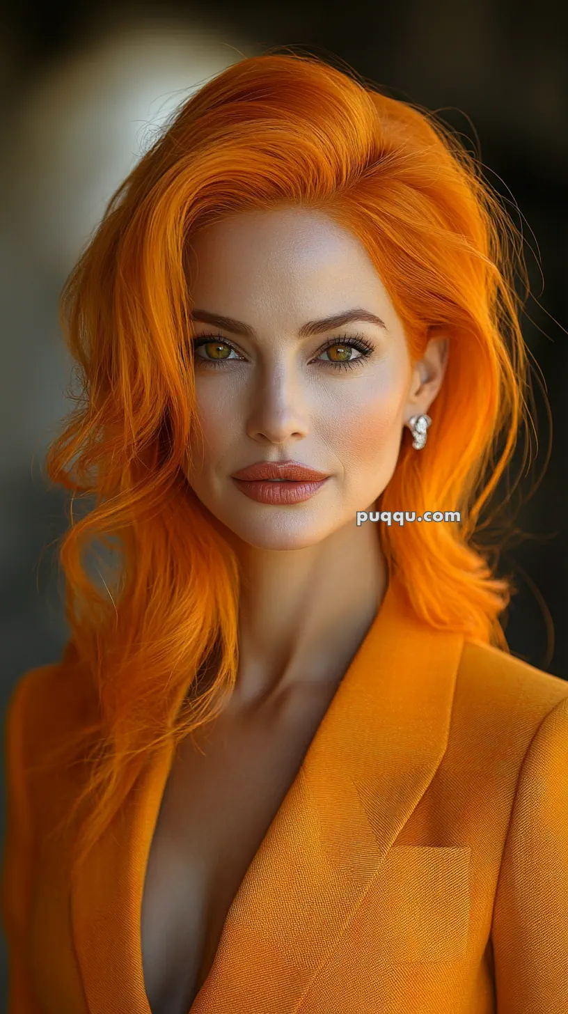 A woman with vibrant orange hair wearing a matching orange outfit and earrings.