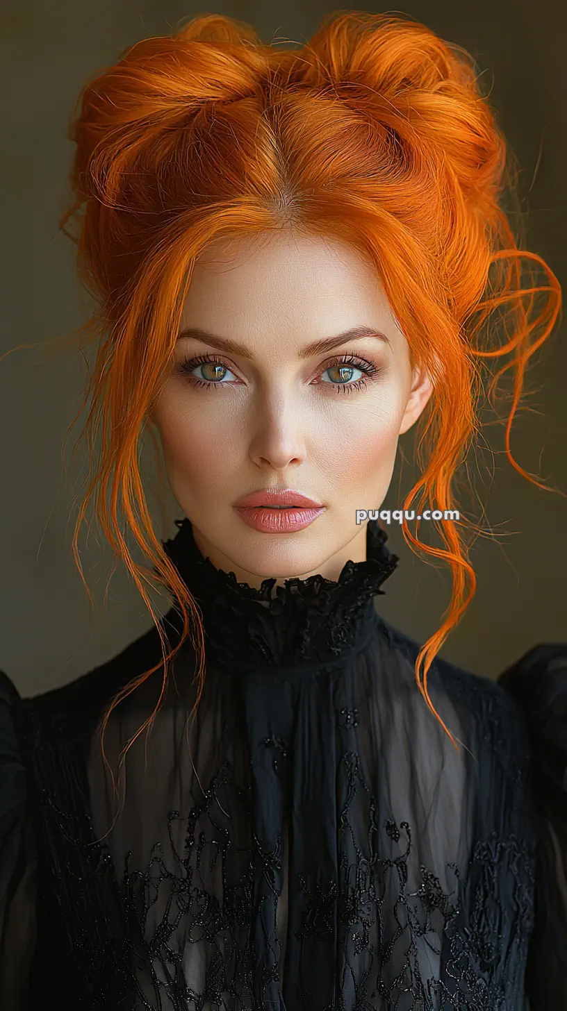 A woman with bright orange hair styled in an updo, wearing a high-collared black lace blouse, looking directly at the camera.