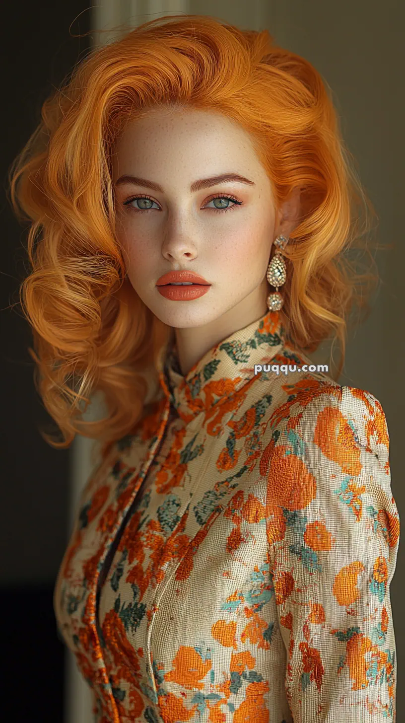 A person with vibrant orange hair wearing a patterned floral dress and dangling earrings.