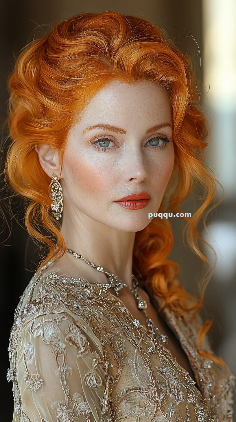 A woman with vibrant red hair wearing an ornate, embroidered gown and dangling earrings, gazing into the distance.