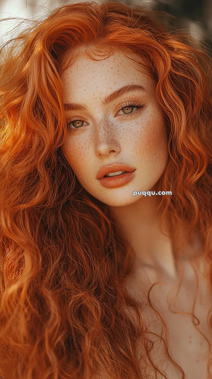 A person with long, curly red hair and freckles looking directly at the camera.