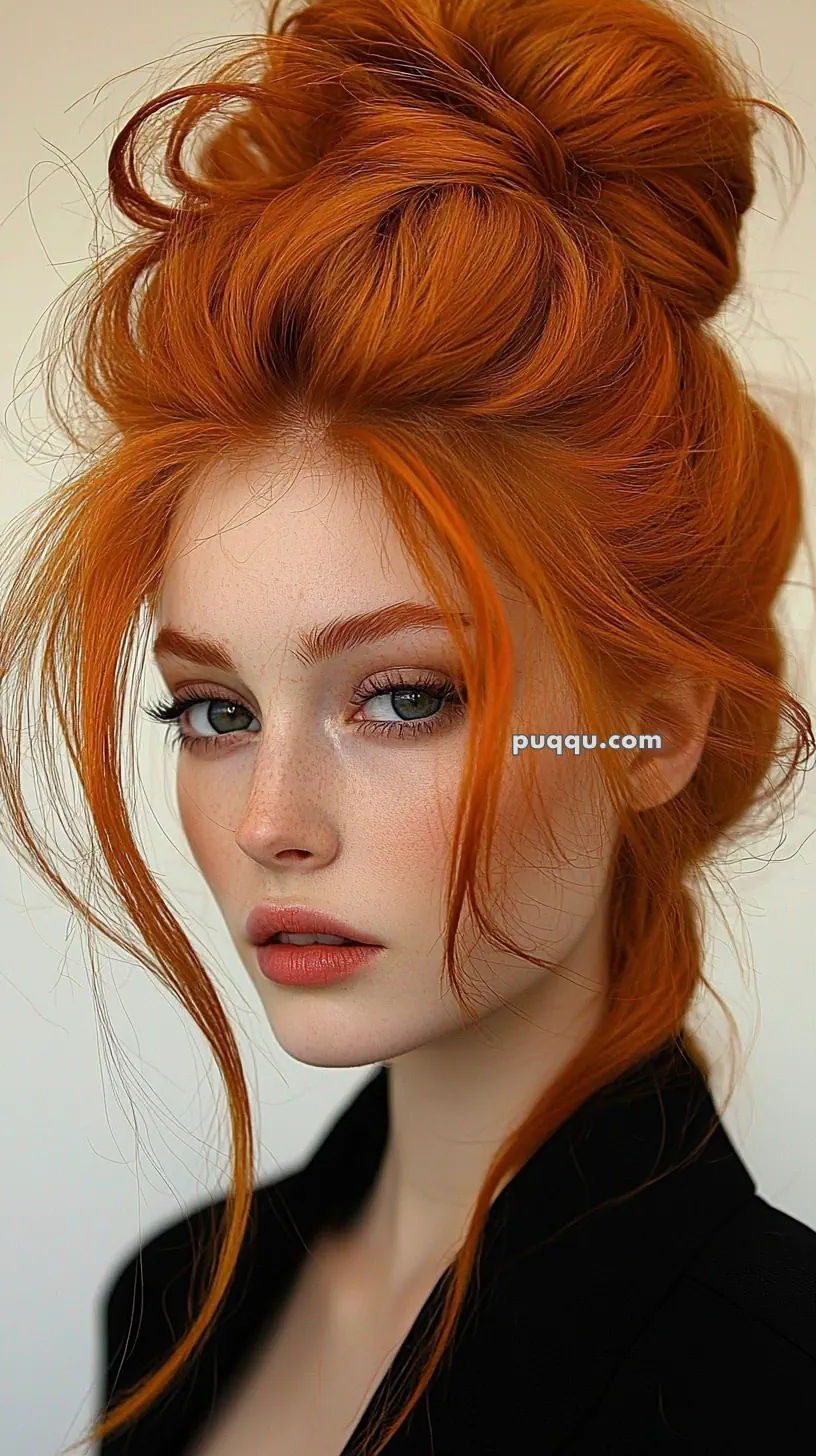 A red-haired woman with freckles, styled in an updo with loose strands, wearing subtle makeup and a black outfit.