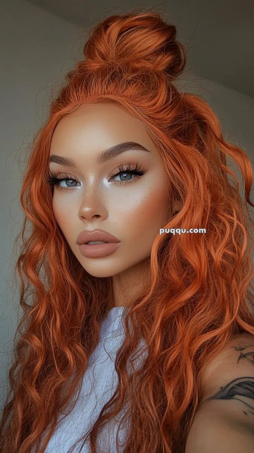 Portrait of a person with long, wavy orange hair styled in a half-up bun, wearing makeup with defined eyebrows and nude lips.