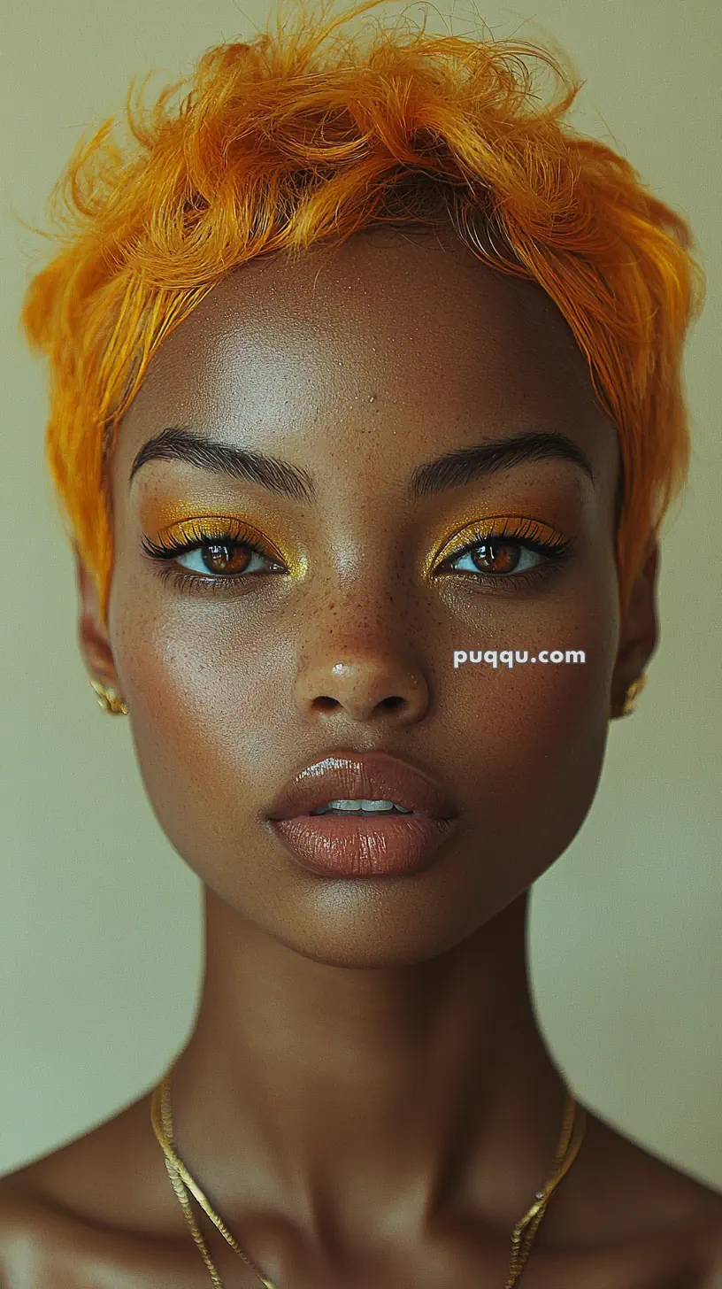 Portrait of a person with bright orange short hair and vibrant orange eye makeup.