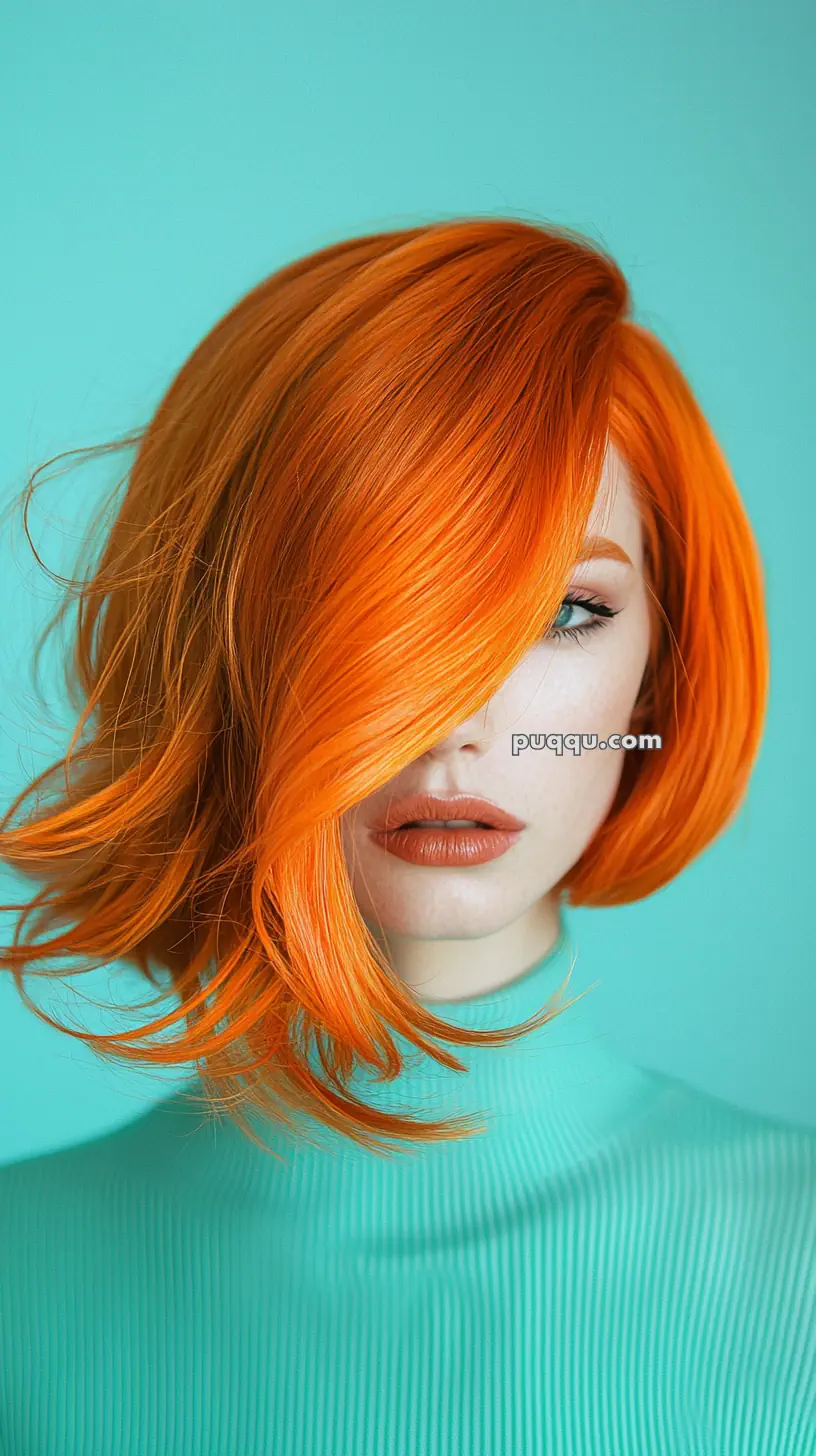 Woman with vibrant orange hair covering an eye, wearing a turquoise top, against a light blue background.