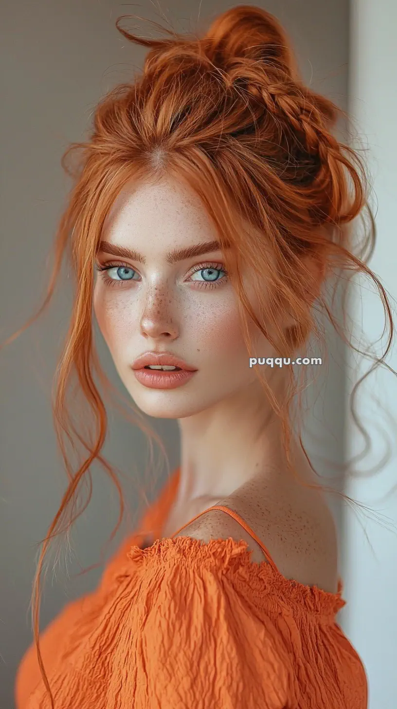 A woman with red hair styled in an updo, wearing an off-shoulder orange top, looking at the camera.