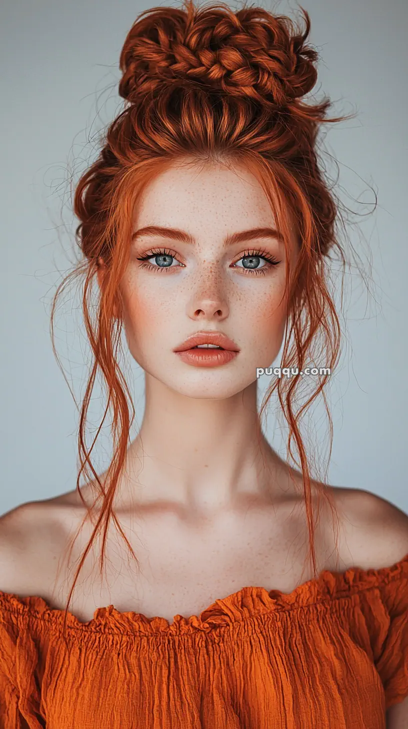 Young woman with red hair styled in an updo, wearing an orange off-shoulder top.