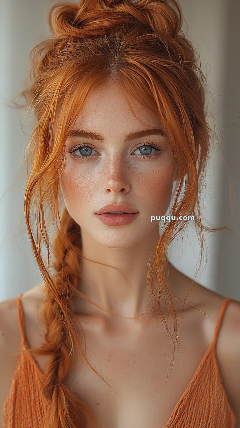 A woman with long red hair styled in a braid and updo, wearing a knitted orange top, looking directly at the camera.