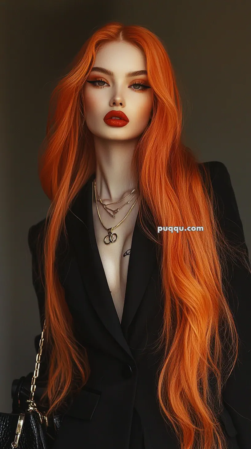 A woman with long orange hair wearing a black blazer and layered necklaces.