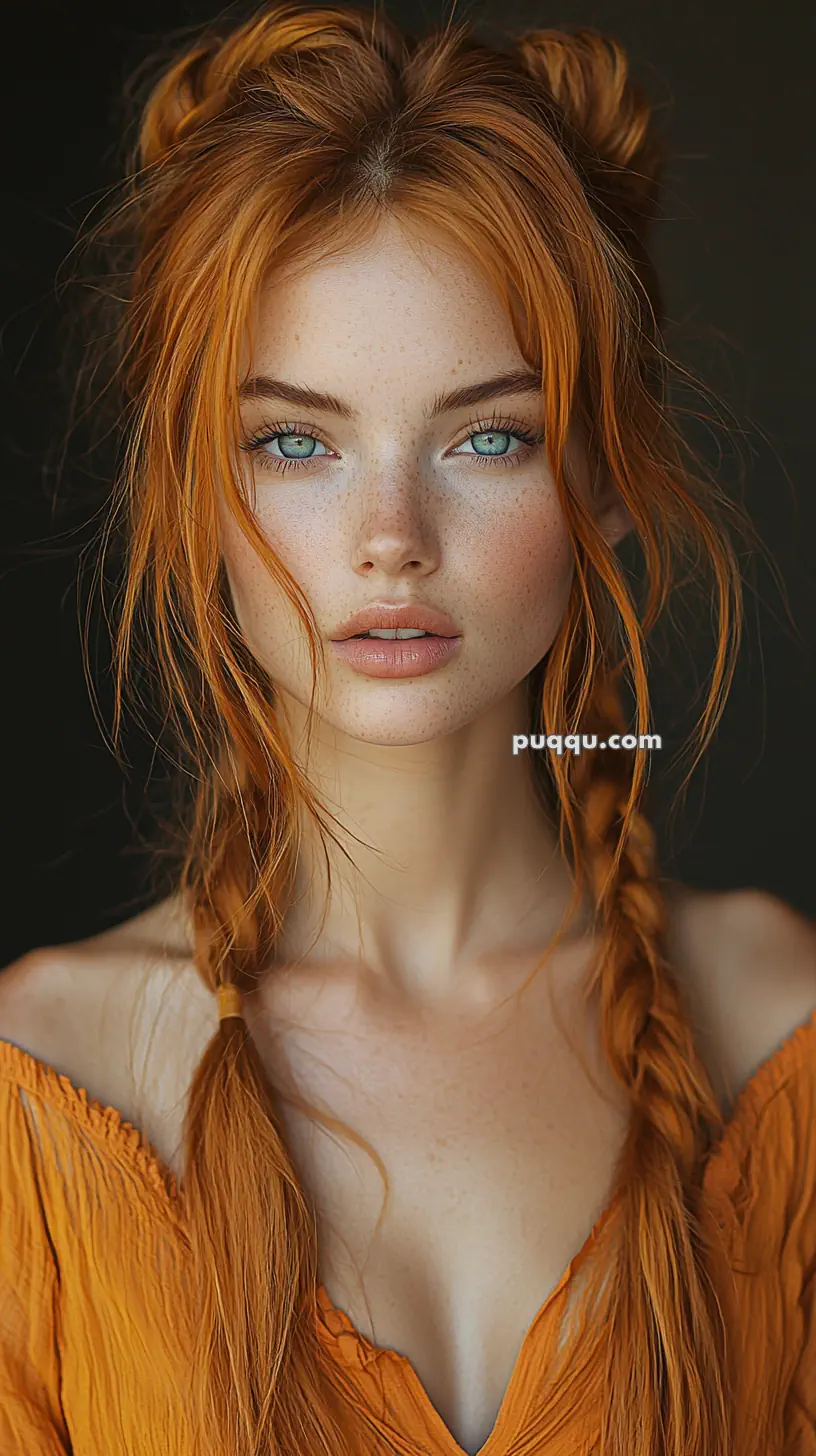 A woman with long red hair braided in pigtails, wearing an orange off-shoulder top, looking directly at the camera.