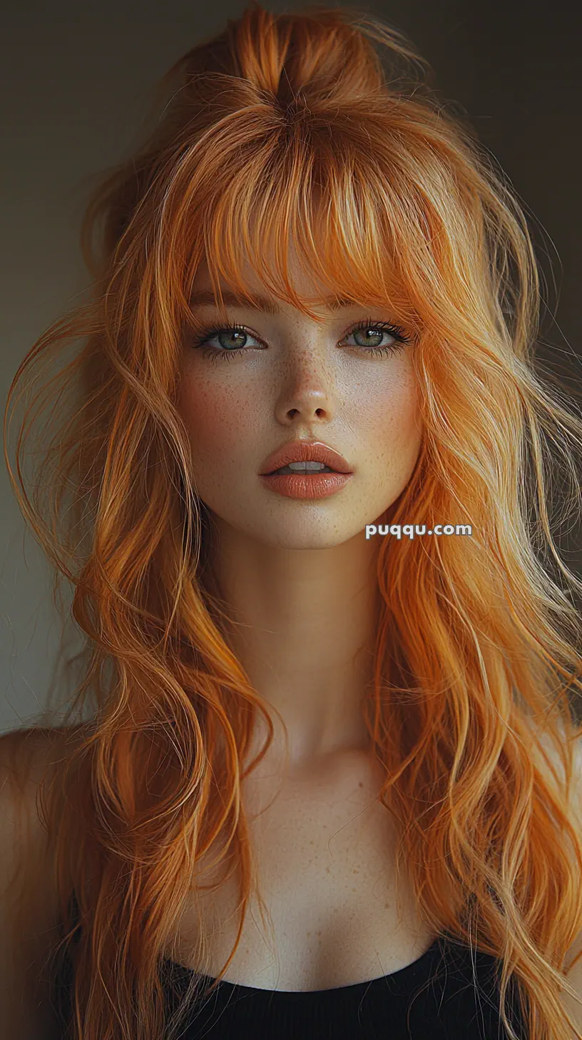 Red-haired woman with freckles and long wavy hair, wearing a black top.