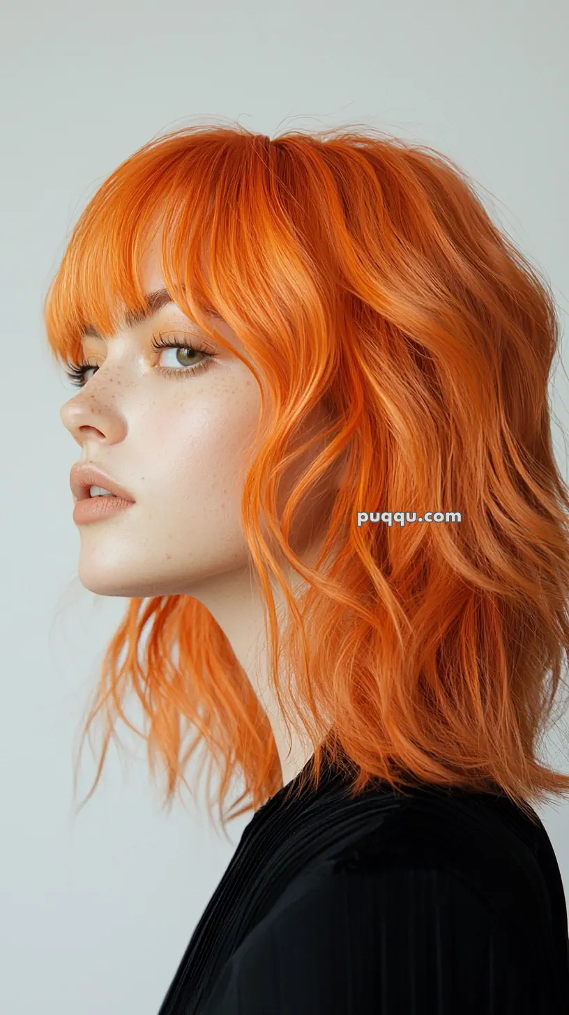 A person with vibrant orange wavy hair and light makeup, wearing a black top, is shown in a side profile against a plain background.