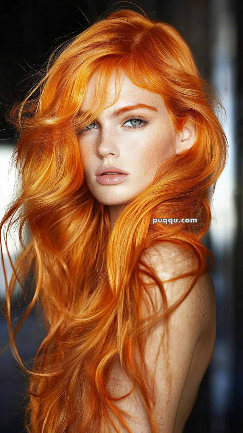 A person with long, vibrant orange hair and freckled skin gazes confidently at the camera.