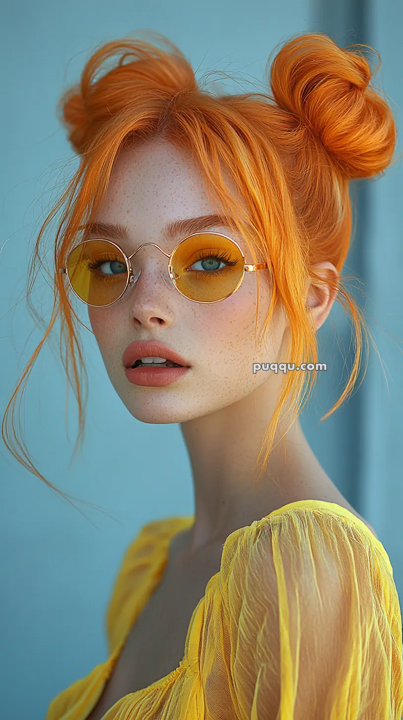 A woman with vibrant orange hair styled in two buns, wearing round yellow-tinted sunglasses and a yellow sheer top.