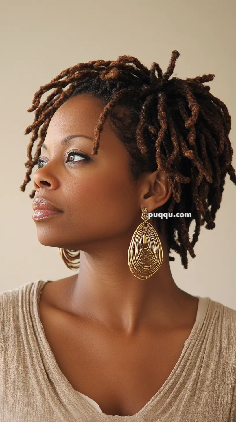 Woman with short locs hairstyle wearing large gold earrings and a beige top, looking to the side.