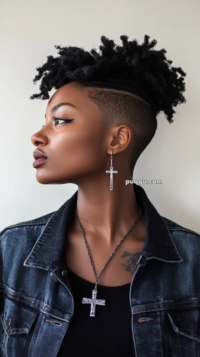 Woman with short curly hair in a side profile view, wearing a denim jacket and cross jewelry.