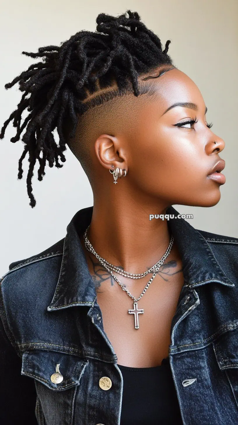 Person with short dreadlocks and an undercut, wearing a denim jacket, hoop earrings, and layered necklaces with a cross pendant.