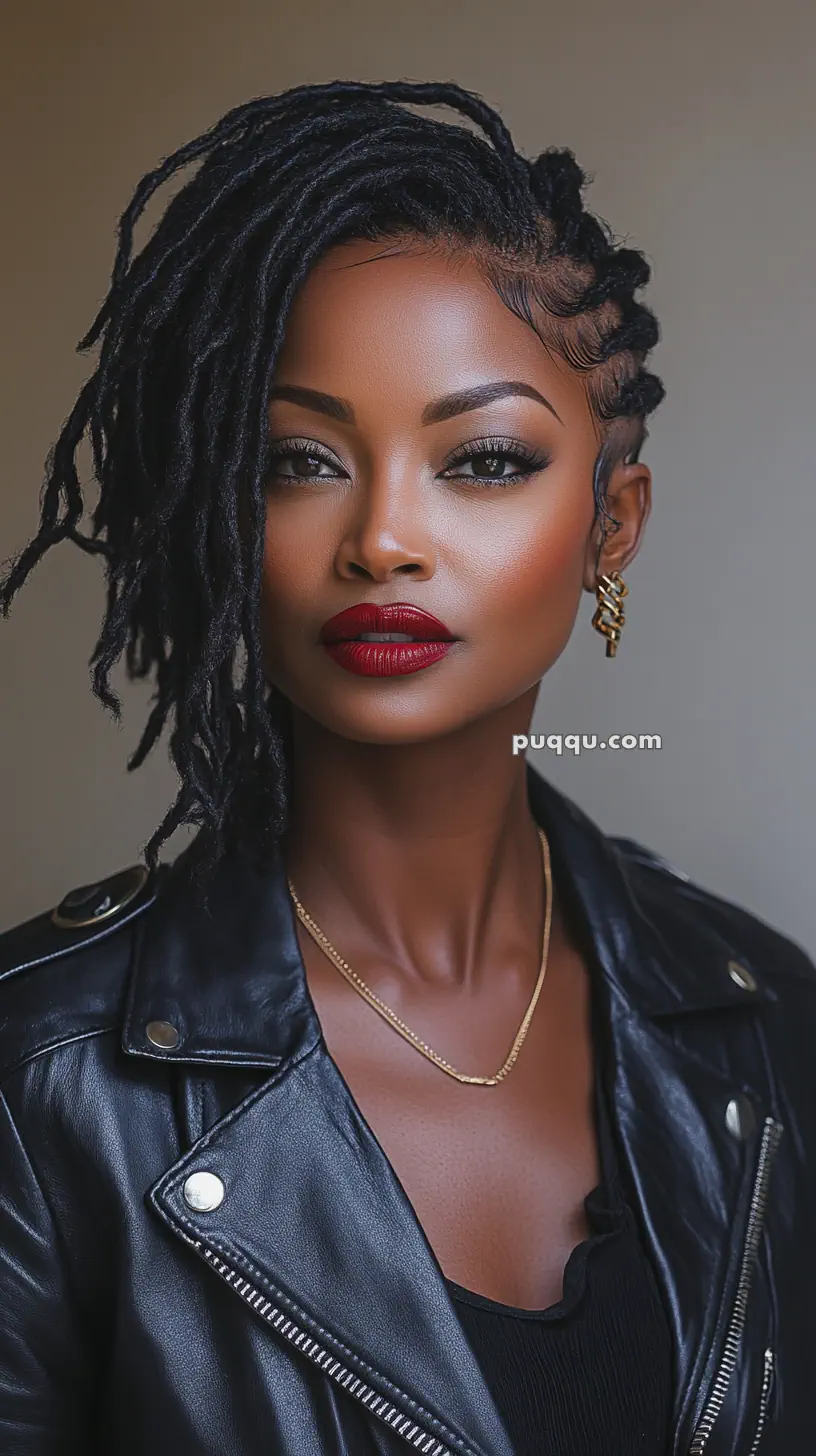 A woman with dark locs hairstyle wearing a black leather jacket and red lipstick.