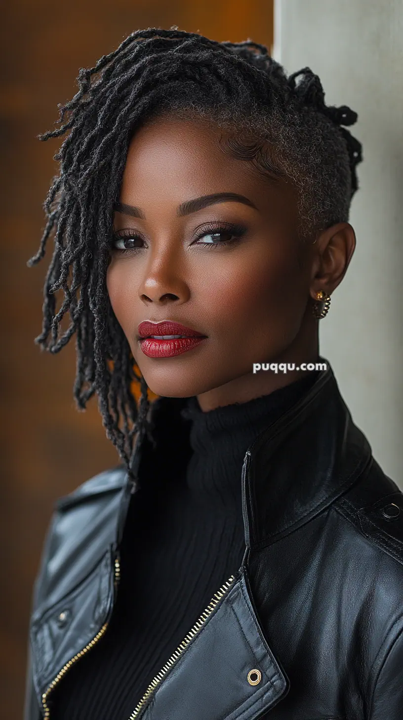 Woman with styled dreadlocks wearing a black leather jacket.