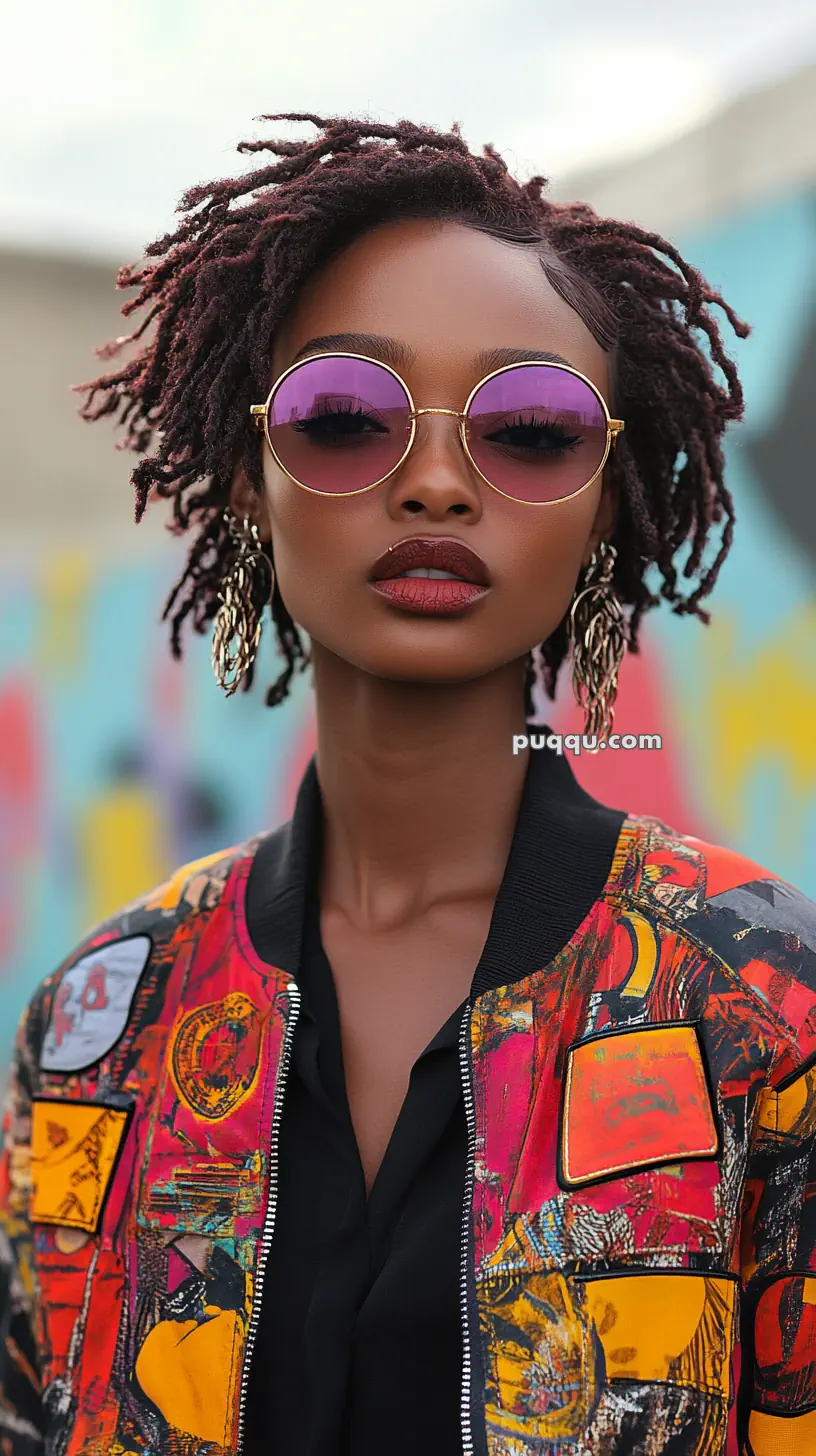 A person wearing purple-tinted sunglasses, a colorful jacket with patches, and large earrings.