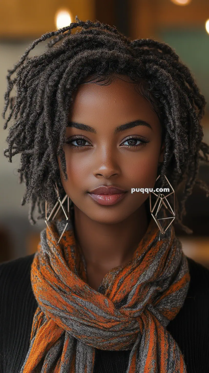 A person with short, curly hair, wearing large geometric earrings and an orange and gray scarf.