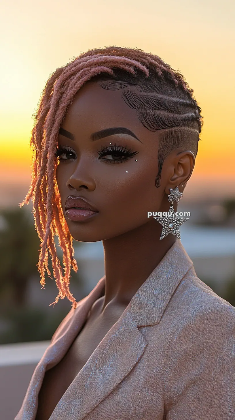 A woman with pink locs, intricate side shaved design, star-shaped earrings, and a shimmering blazer, against a sunset backdrop.