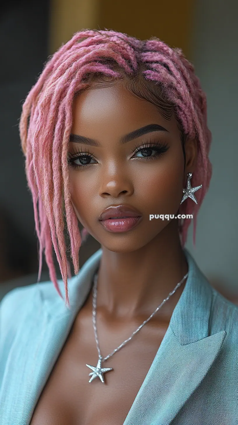 Portrait of a person with pink dreadlocks, wearing a teal blazer, star-shaped earrings, and a matching necklace.