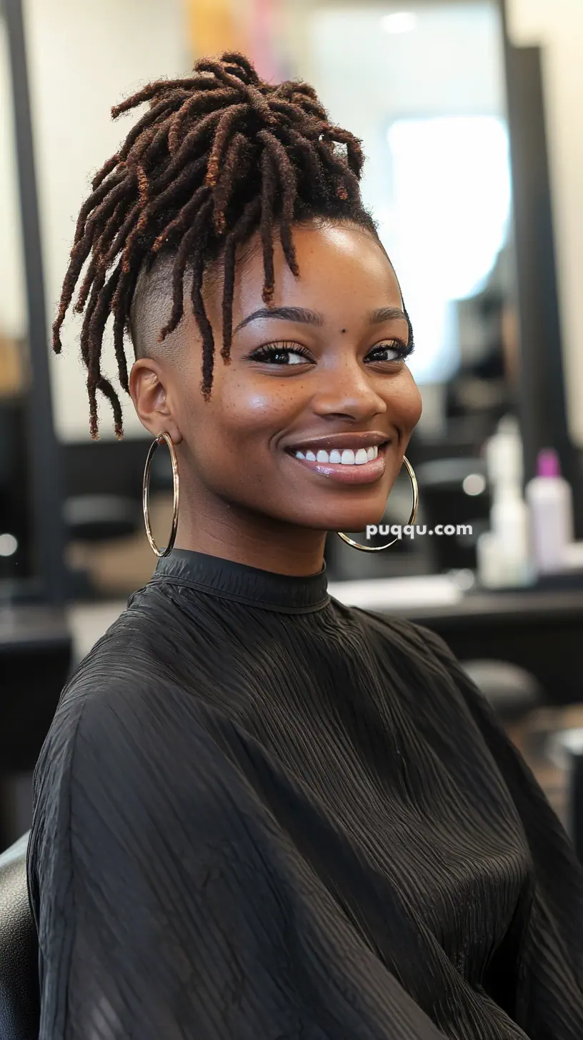 A woman with locs styled in an updo, wearing large hoop earrings and a black top, smiling in a salon setting.